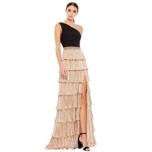 NWT Ienna Mac Duggal One Shoulder Tiered Gown Black Gold Size 4